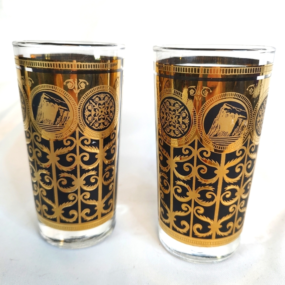 Vintage Mid Century Modern Pair of Fred Press Black And Gold Highball Glasses